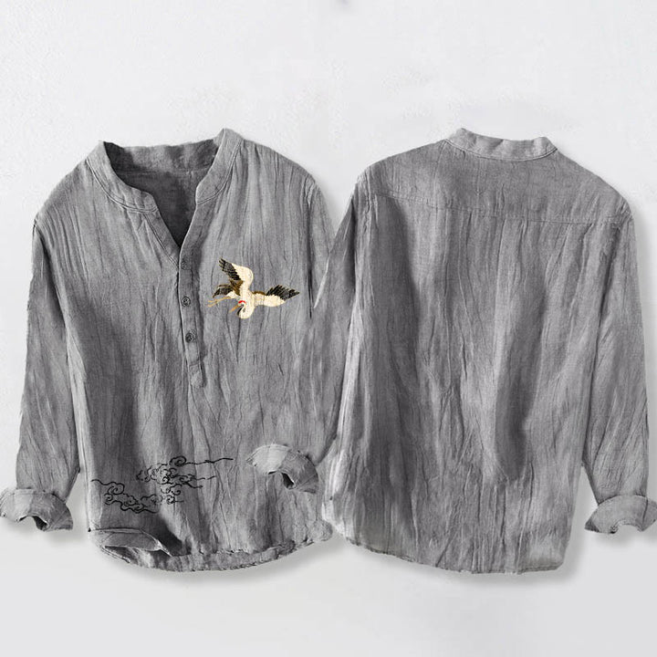 Buddha Stones Crane Auspicious Clouds Pattern Half Buttons Men's Cotton Linen Long Sleeve Shirt - image 2