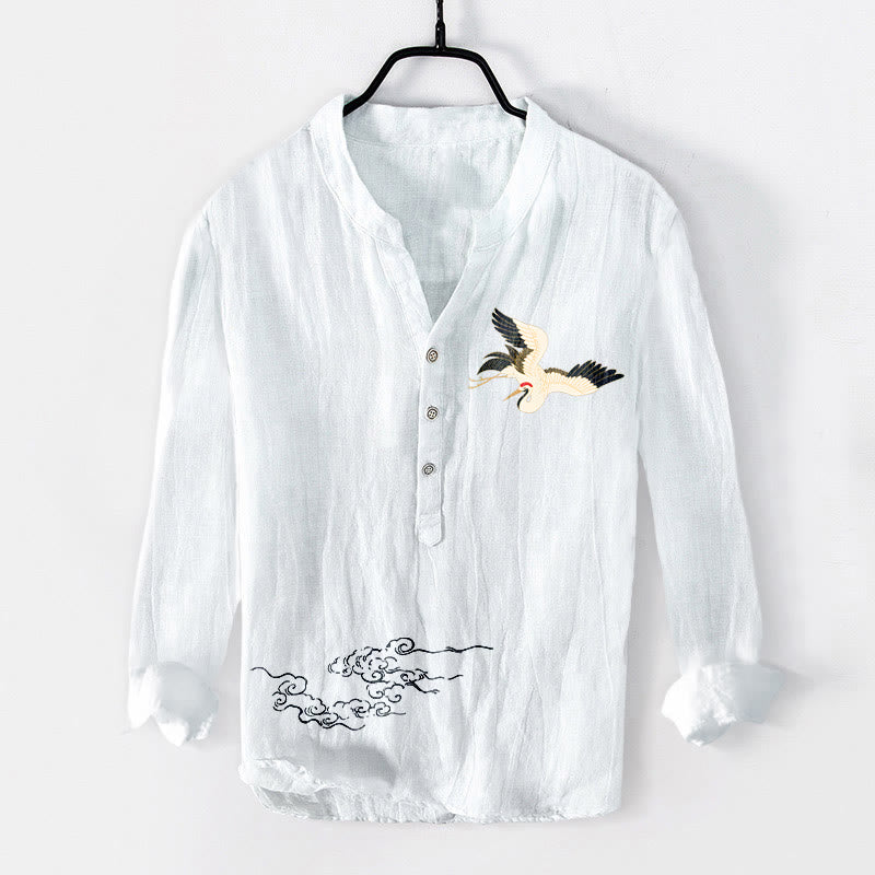 Buddha Stones Crane Auspicious Clouds Pattern Half Buttons Men's Cotton Linen Long Sleeve Shirt - White - US/UK/AU50,EU60 (5XL) - image 6