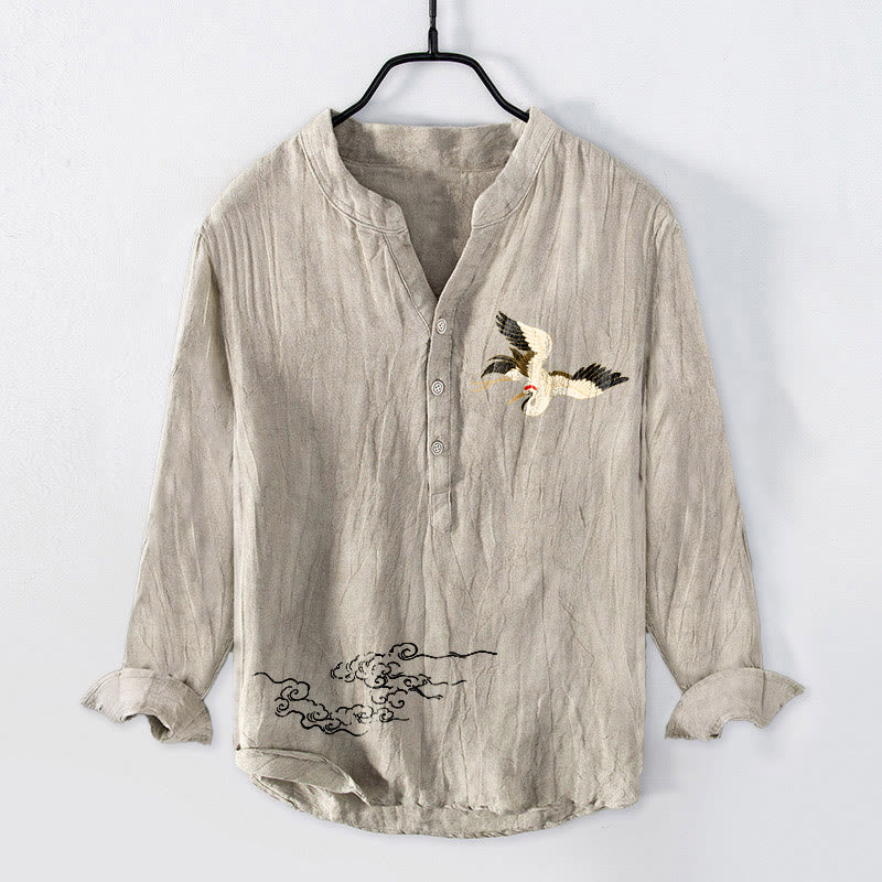 Buddha Stones Crane Auspicious Clouds Pattern Half Buttons Men's Cotton Linen Long Sleeve Shirt - Linen - US/UK/AU50,EU60 (5XL) - image 3