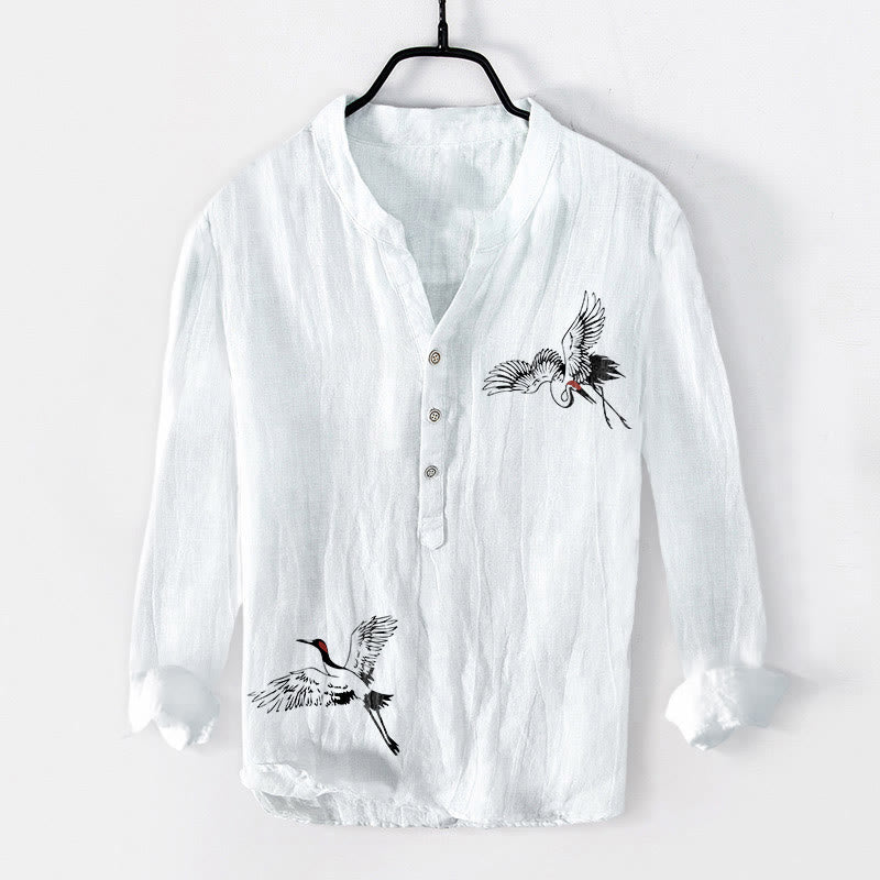 Buddha Stones Red-crowned Crane Pattern Half Buttons Men's Cotton Linen Long Sleeve Shirt - White - US/UK/AU50,EU60 (5XL) - image 0