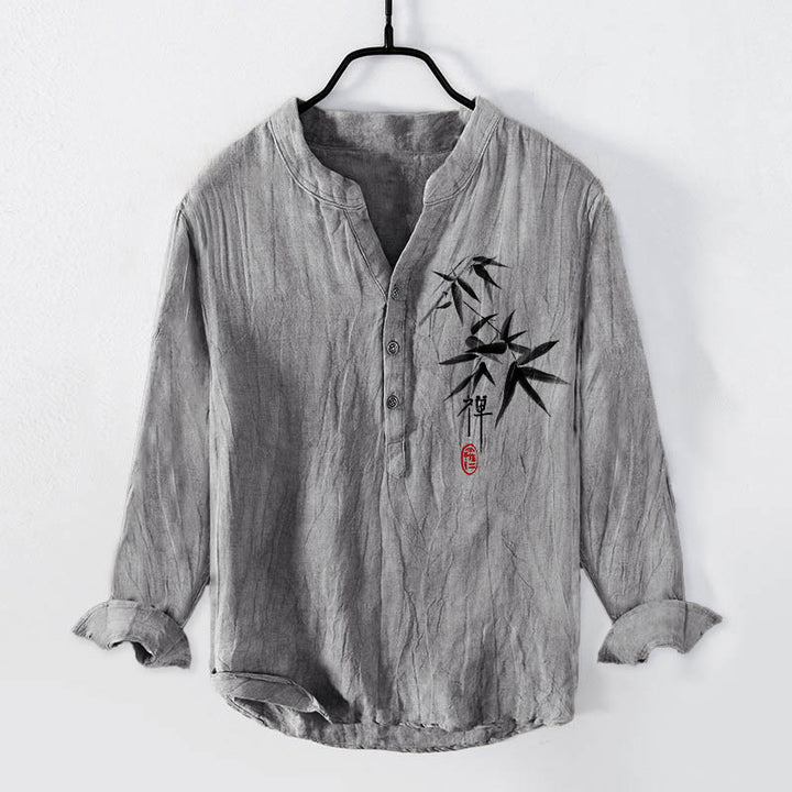Buddha Stones Bamboo Zen Character Pattern Half Buttons Men's Cotton Linen Long Sleeve Shirt - Gray - US/UK/AU50,EU60 (5XL) - image 3