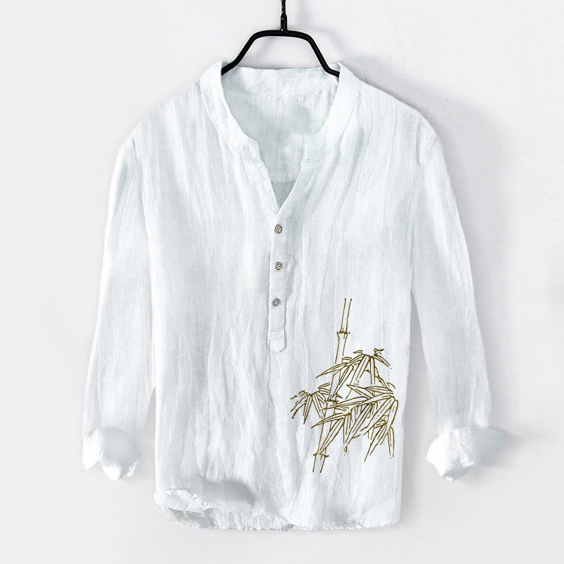 Buddha Stones Bamboo Leaves Pattern Half Buttons Men's Cotton Linen Long Sleeve Shirt - White - US/UK/AU50,EU60 (5XL) - image 0