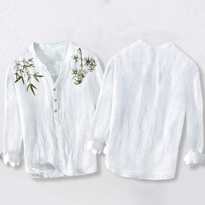 Buddha Stones Green Bamboo Leaves Pattern Half Buttons Men's Cotton Linen Long Sleeve Shirt - image 8