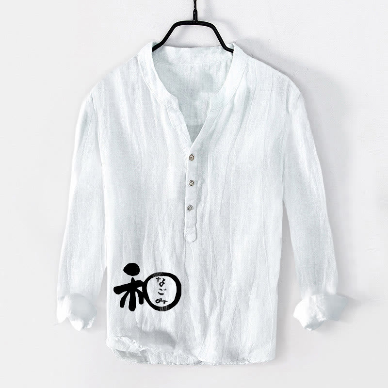 Buddha Stones Chinese Character Harmony Pattern Half Buttons Men's Cotton Linen Long Sleeve Shirt - White - US/UK/AU50,EU60 (5XL) - image 0