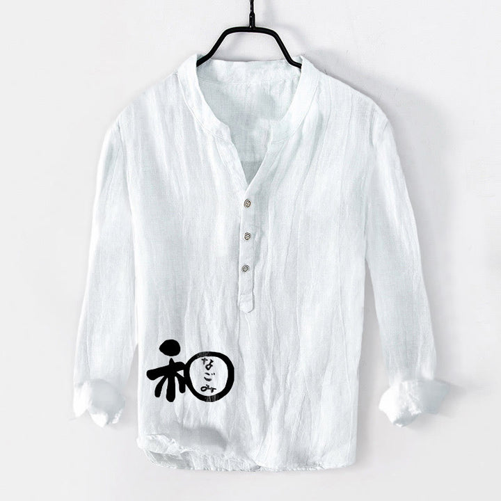 Buddha Stones Chinese Character Harmony Pattern Half Buttons Men's Cotton Linen Long Sleeve Shirt - White - US/UK/AU50,EU60 (5XL) - image 0