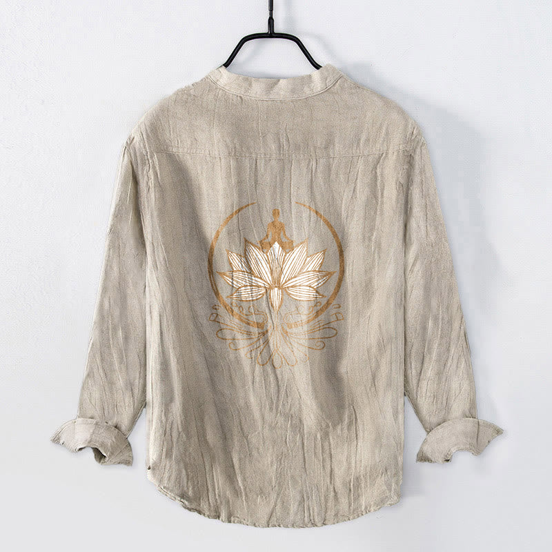Buddha Stones Meditating Person Lotus Pattern Half Buttons Men's Cotton Linen Long Sleeve Shirt - image 5