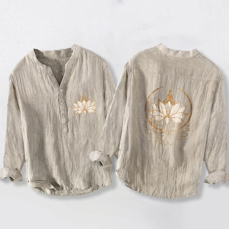 Buddha Stones Meditating Person Lotus Pattern Half Buttons Men's Cotton Linen Long Sleeve Shirt - Linen - US/UK/AU50,EU60 (5XL) - image 3