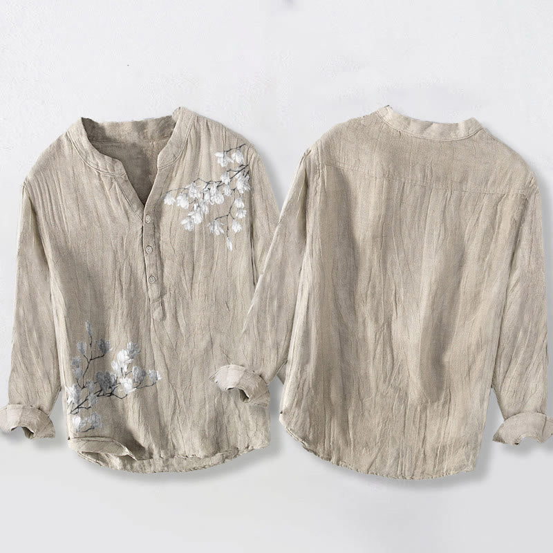 Buddha Stones Magnolia Flowers Branches Pattern Half Buttons Men's Cotton Linen Long Sleeve Shirt - image 5