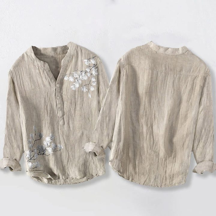 Buddha Stones Magnolia Flowers Branches Pattern Half Buttons Men's Cotton Linen Long Sleeve Shirt - image 5
