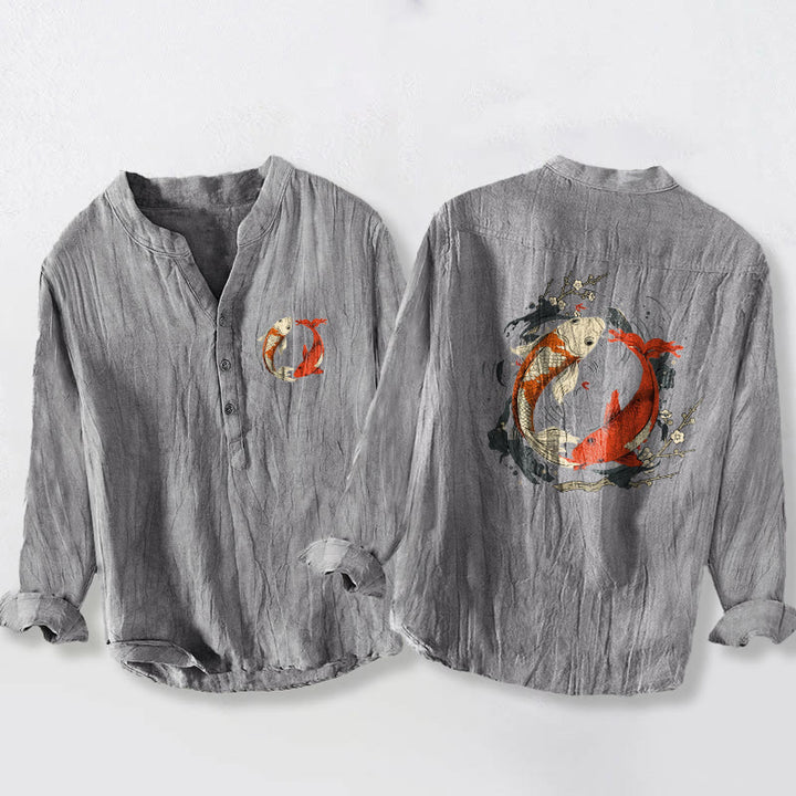 Buddha Stones Red White Koi Fish Yin Yang Pattern Half Buttons Men's Cotton Linen Long Sleeve Shirt - Gray - US/UK/AU50,EU60 (5XL) - image 3
