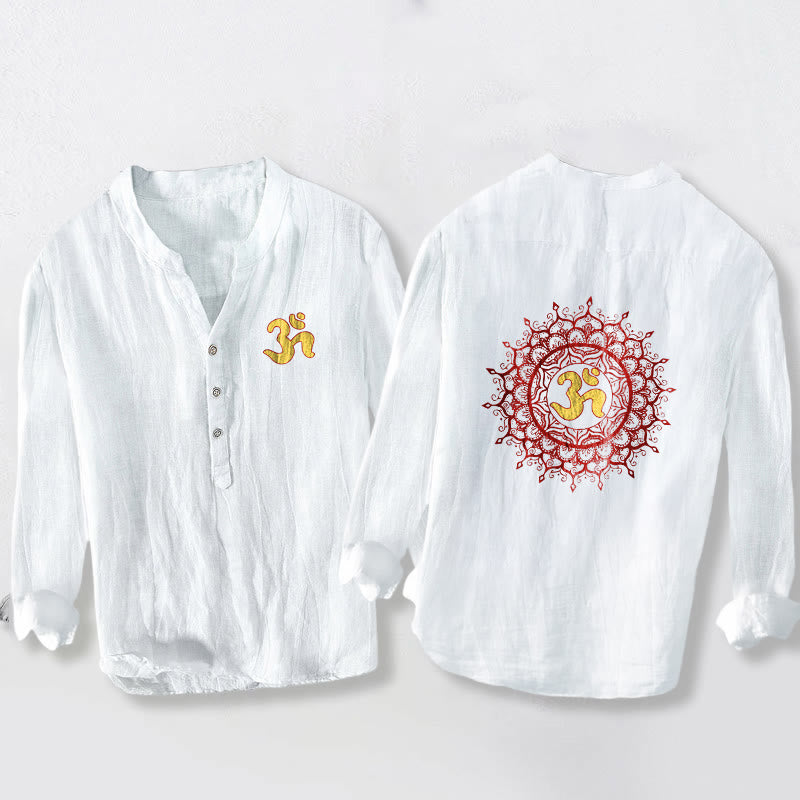Buddha Stones OM Symbol Mandala Pattern Half Buttons Men's Cotton Linen Long Sleeve Shirt - White - US/UK/AU50,EU60 (5XL) - image 0