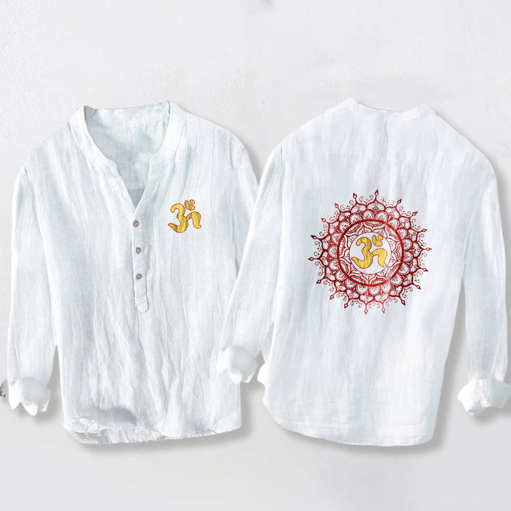 Buddha Stones OM Symbol Mandala Pattern Half Buttons Men's Cotton Linen Long Sleeve Shirt - White - US/UK/AU50,EU60 (5XL) - image 0