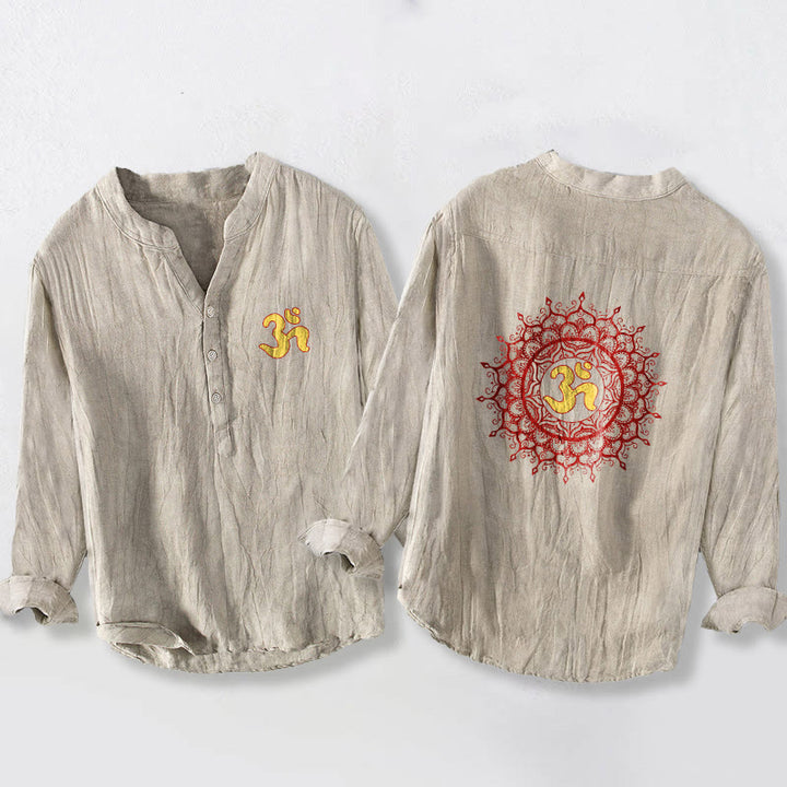 Buddha Stones OM Symbol Mandala Pattern Half Buttons Men's Cotton Linen Long Sleeve Shirt - Linen - US/UK/AU50,EU60 (5XL) - image 3