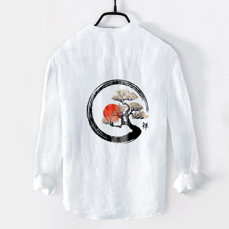 Buddha Stones Zen Character Pine Tree Sun Pattern Half Buttons Men's Cotton Linen Long Sleeve Shirt - image 8