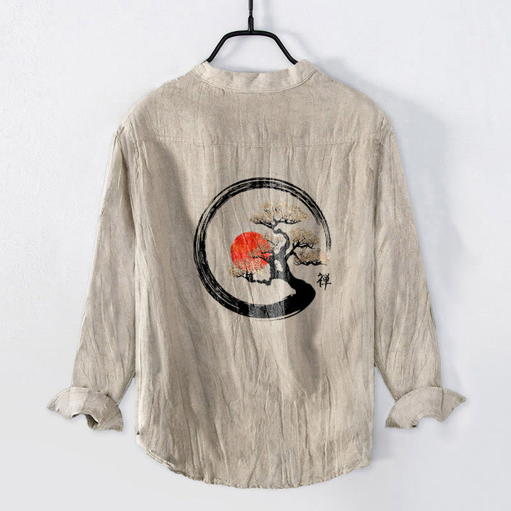 Buddha Stones Zen Character Pine Tree Sun Pattern Half Buttons Men's Cotton Linen Long Sleeve Shirt - image 5