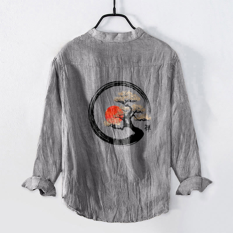 Buddha Stones Zen Character Pine Tree Sun Pattern Half Buttons Men's Cotton Linen Long Sleeve Shirt - image 2