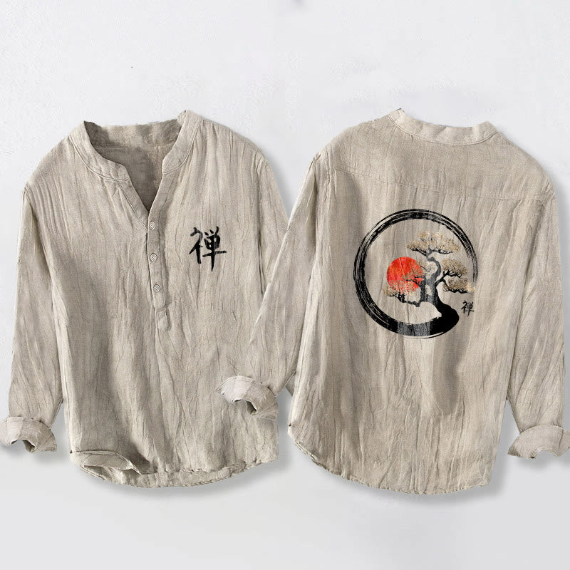 Buddha Stones Zen Character Pine Tree Sun Pattern Half Buttons Men's Cotton Linen Long Sleeve Shirt - Linen - US/UK/AU50,EU60 (5XL) - image 3