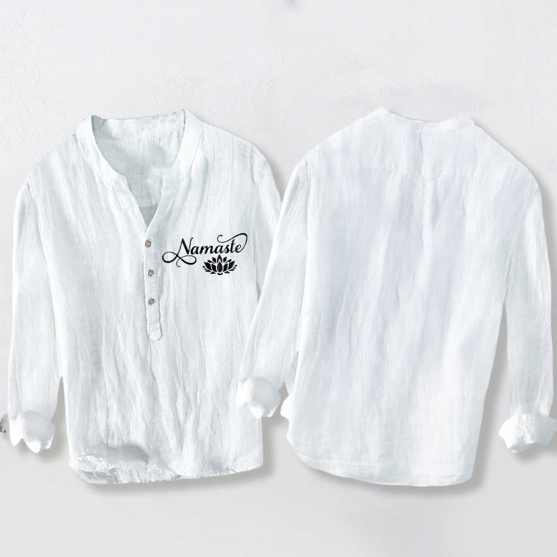 Buddha Stones "Namaste" Lotus Flower Half Buttons Design Long Sleeve Men's Cotton Linen Shirt - image 8