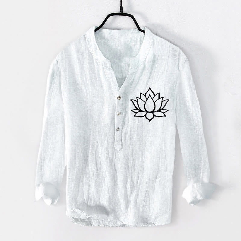 Buddha Stones Line-art Lotus Flower Pattern Half Buttons Men's Cotton Linen Long Sleeve Shirt - White - US/UK/AU50,EU60 (5XL) - image 6