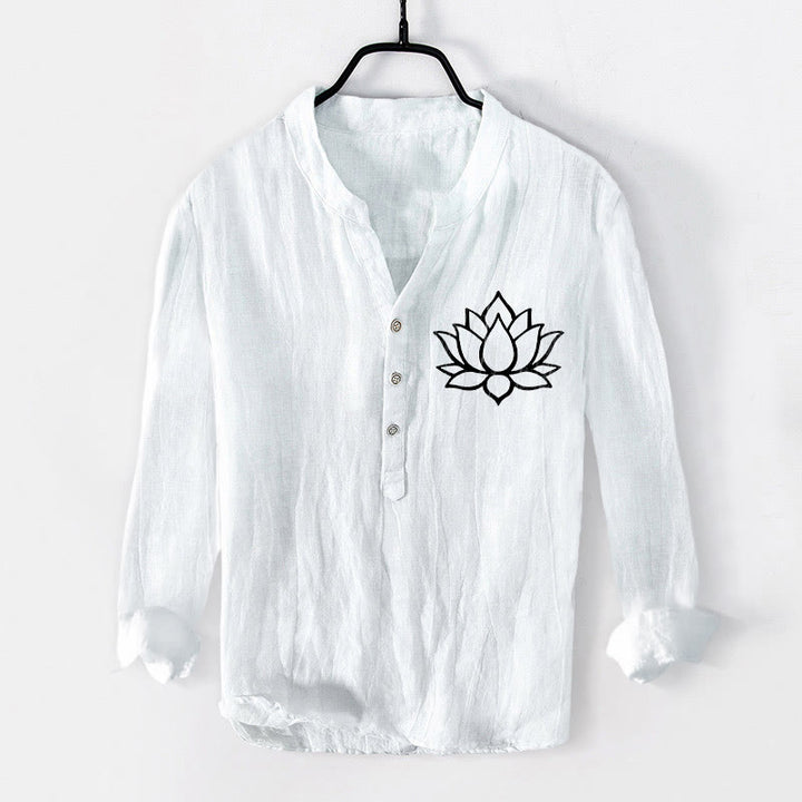 Buddha Stones Line-art Lotus Flower Pattern Half Buttons Men's Cotton Linen Long Sleeve Shirt - White - US/UK/AU50,EU60 (5XL) - image 6