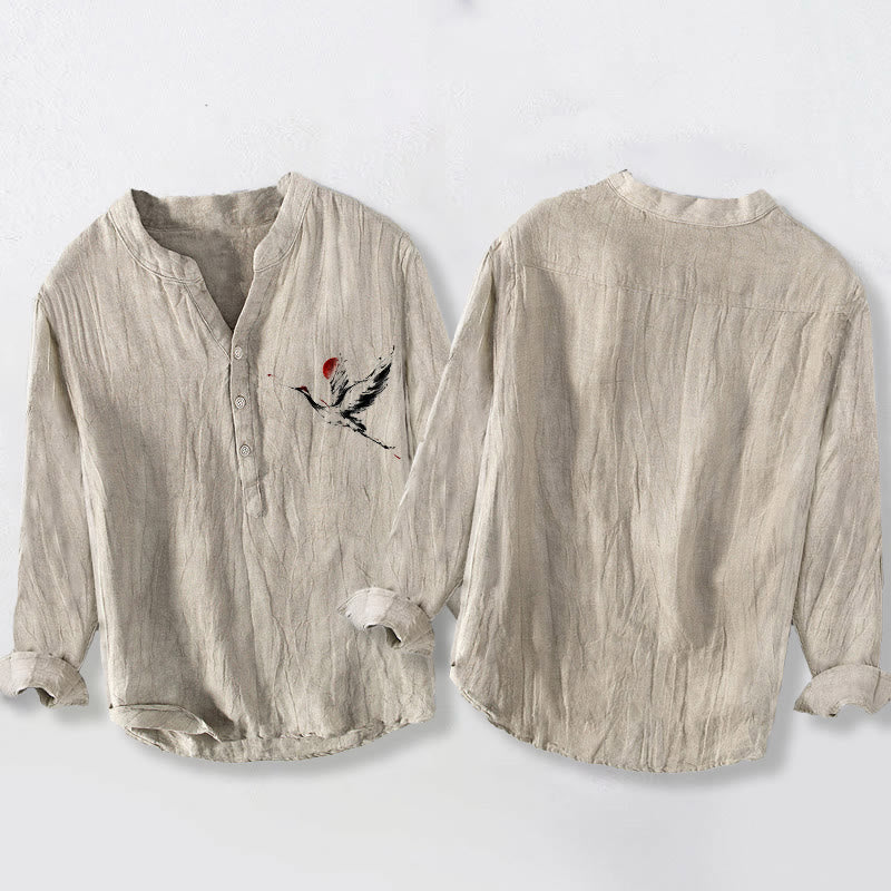 Buddha Stones Flying Crane Sun Pattern Half Buttons Men's Cotton Linen Long Sleeve Shirt - image 2