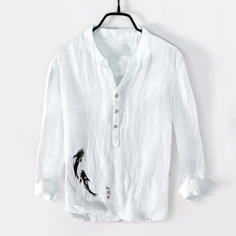 Buddha Stones Two Koi Fish Pattern Half Buttons Men's Cotton Linen Long Sleeve Shirt - White - US/UK/AU50,EU60 (5XL) - image 6