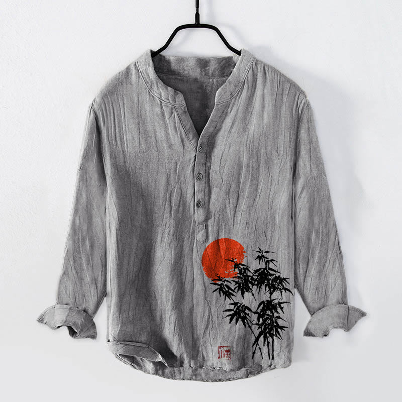 Buddha Stones Bamboo Leaves Red Sun Pattern Half Buttons Men's Cotton Linen Long Sleeve Shirt - Gray - US/UK/AU50,EU60 (5XL) - image 3