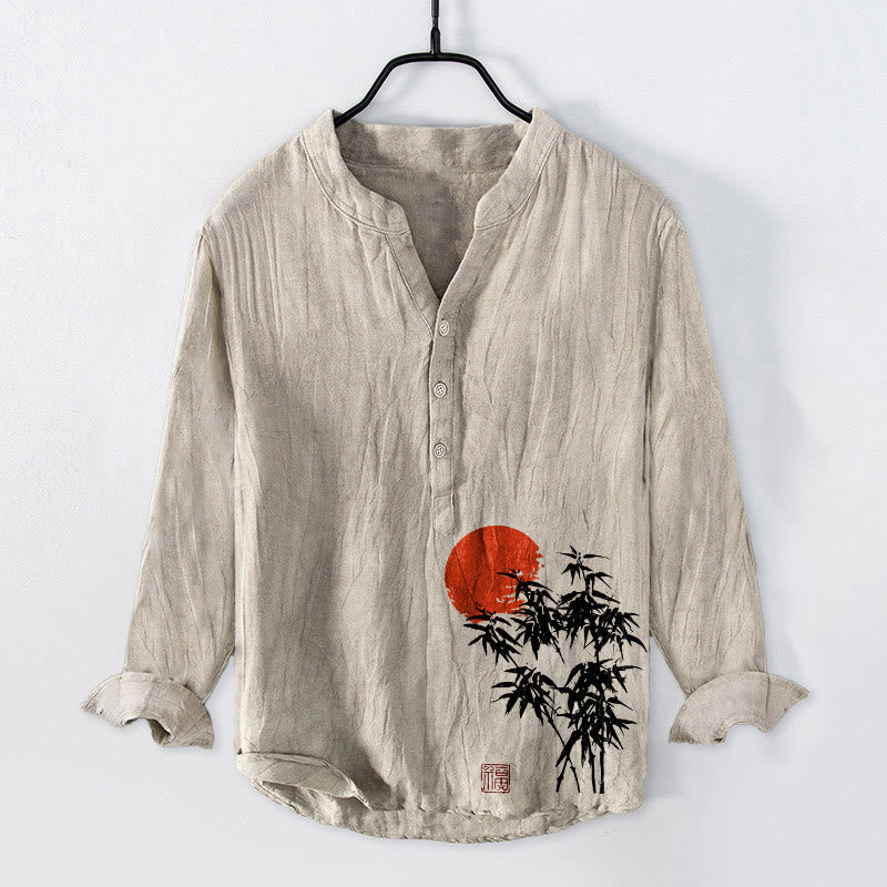 Buddha Stones Bamboo Leaves Red Sun Pattern Half Buttons Men's Cotton Linen Long Sleeve Shirt - Linen - US/UK/AU50,EU60 (5XL) - image 0