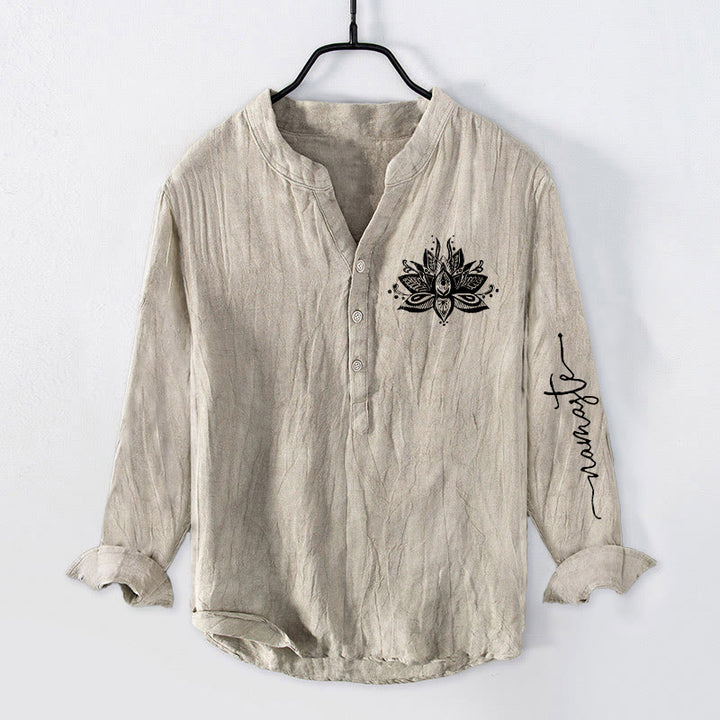Buddha Stones Lotus Pattern Half Buttons Men's Cotton Linen Long Sleeve Shirt - Linen - US/UK/AU50,EU60 (5XL) - image 0