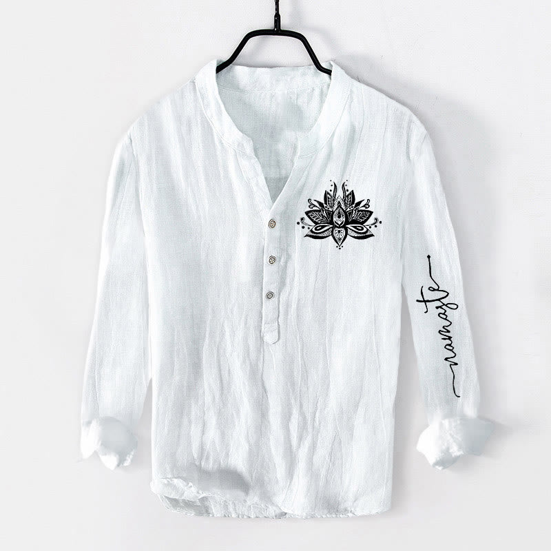 Buddha Stones Lotus Pattern Half Buttons Men's Cotton Linen Long Sleeve Shirt - White - US/UK/AU50,EU60 (5XL) - image 6