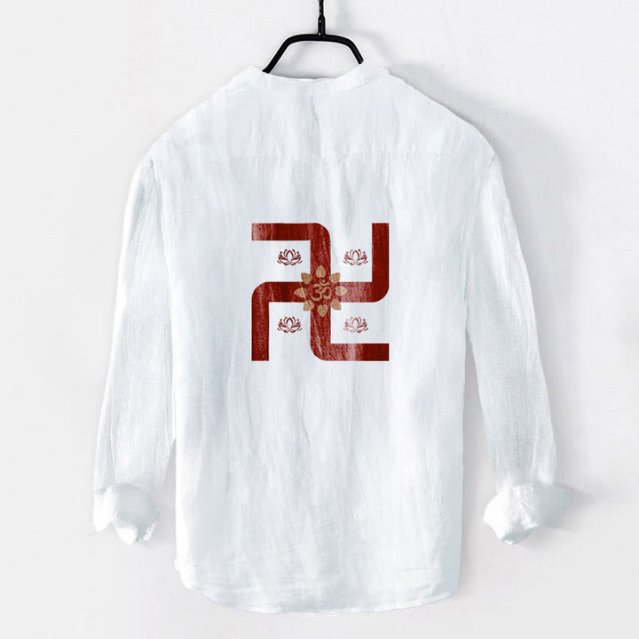 Buddha Stones Half Buttons Lotus Swastika Om Symbol Pattern Men's Cotton Linen Long Sleeve Shirt - image 8