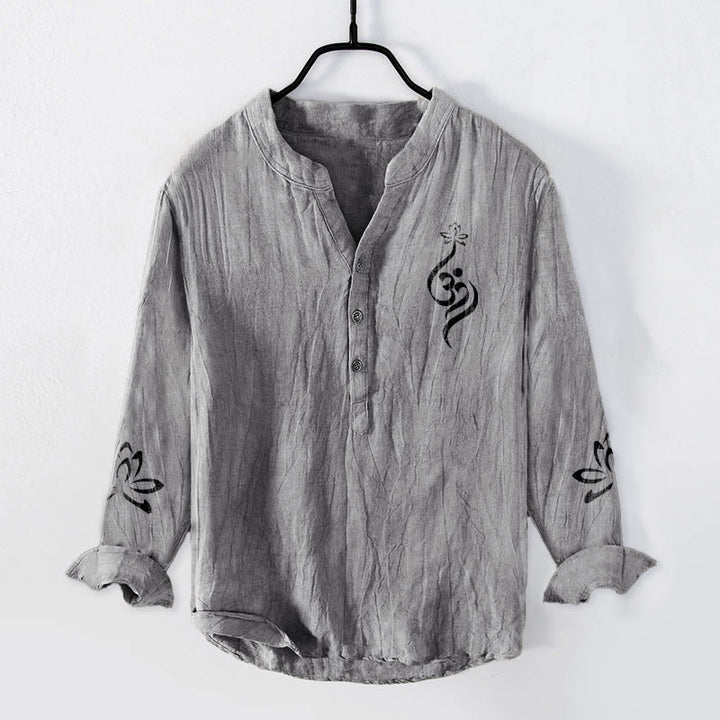 Buddha Stones Half Buttons Lotus Om Symbol Printed Pattern Men's Cotton Linen Long Sleeve Shirt - Gray - US/UK/AU50,EU60 (5XL) - image 0