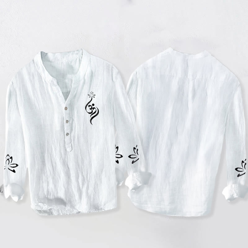 Buddha Stones Half Buttons Lotus Om Symbol Printed Pattern Men's Cotton Linen Long Sleeve Shirt - image 8