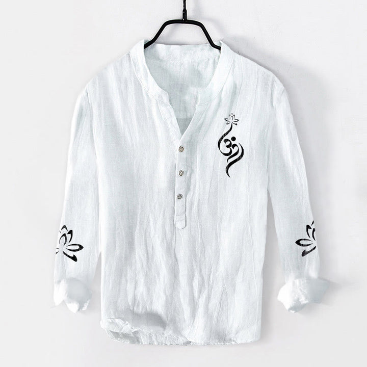 Buddha Stones Half Buttons Lotus Om Symbol Printed Pattern Men's Cotton Linen Long Sleeve Shirt - White - US/UK/AU50,EU60 (5XL) - image 6