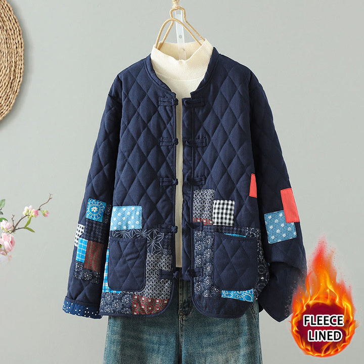 Buddha Stones Ethnic Frog-button Patchwork Women's Thickened Cotton Long Sleeve Jacket With Pockets - Blue Floral - US8-10,UK/AU12-14,EU40-42 (2XL) - image 0