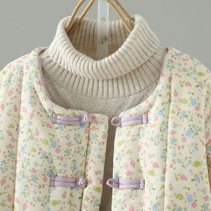 Buddha Stones Button Design Floral Pattern Women's Cotton Long Sleeve Thickened Jacket With Pockets - image 2