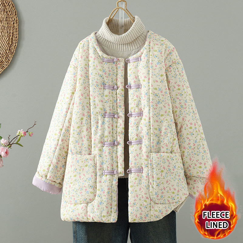 Buddha Stones Button Design Floral Pattern Women's Cotton Long Sleeve Thickened Jacket With Pockets - Cornsilk - US8-10,UK/AU12-14,EU40-42 (2XL) - image 0