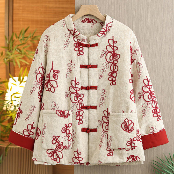 Buddha Stones Women's Winter Long Sleeve Stand Collar Frog-buttons Cotton-padded Jacket With Pockets - Crimson - US14,UK/AU18,EU46 (2XL) - image 0