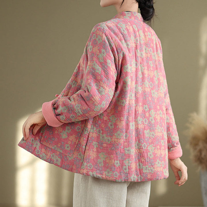 Buddha Stones Women's Winter Thicken Cotton Floral Pattern Long Sleeve Jacket With Pockets - image 8