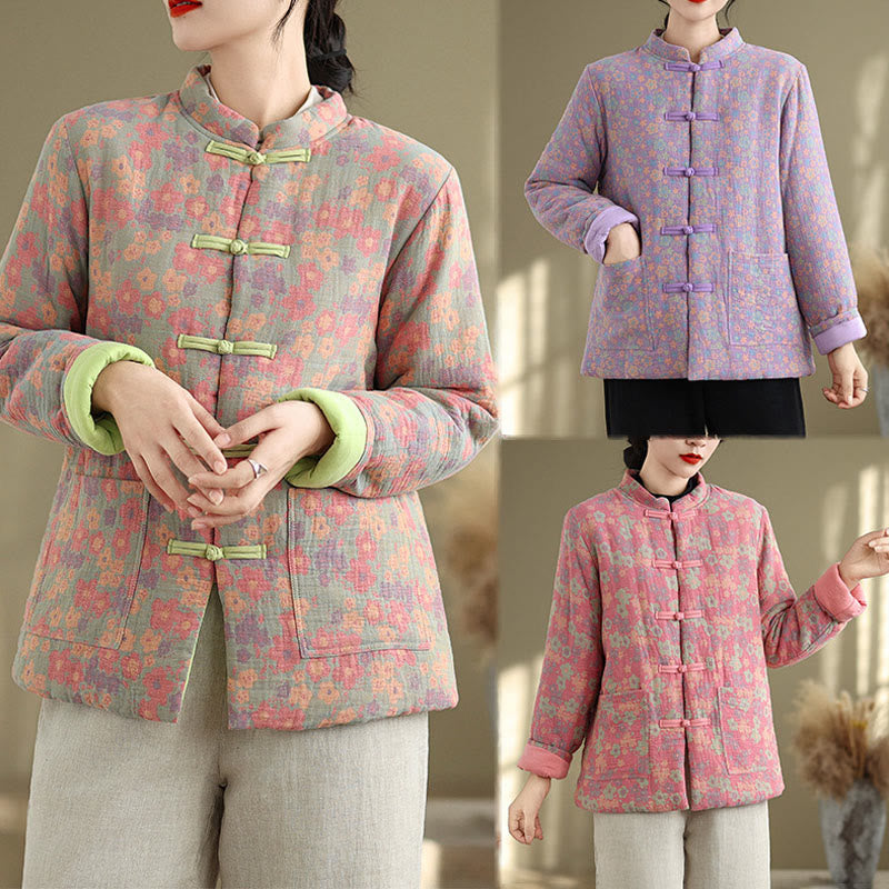 Buddha Stones Women's Winter Thicken Cotton Floral Pattern Long Sleeve Jacket With Pockets - image 26