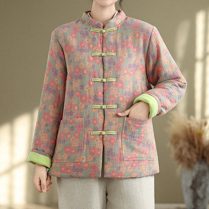 Buddha Stones Women's Winter Thicken Cotton Floral Pattern Long Sleeve Jacket With Pockets - DarkSeaGreen - US8-10,UK/AU12-14,EU40-42 (2XL) - image 0
