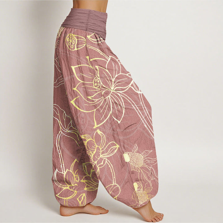 Buddha Stones Pure Cotton Lotus Leaf Koi Fish Women's Elastic Waist Harem Pants - image 8