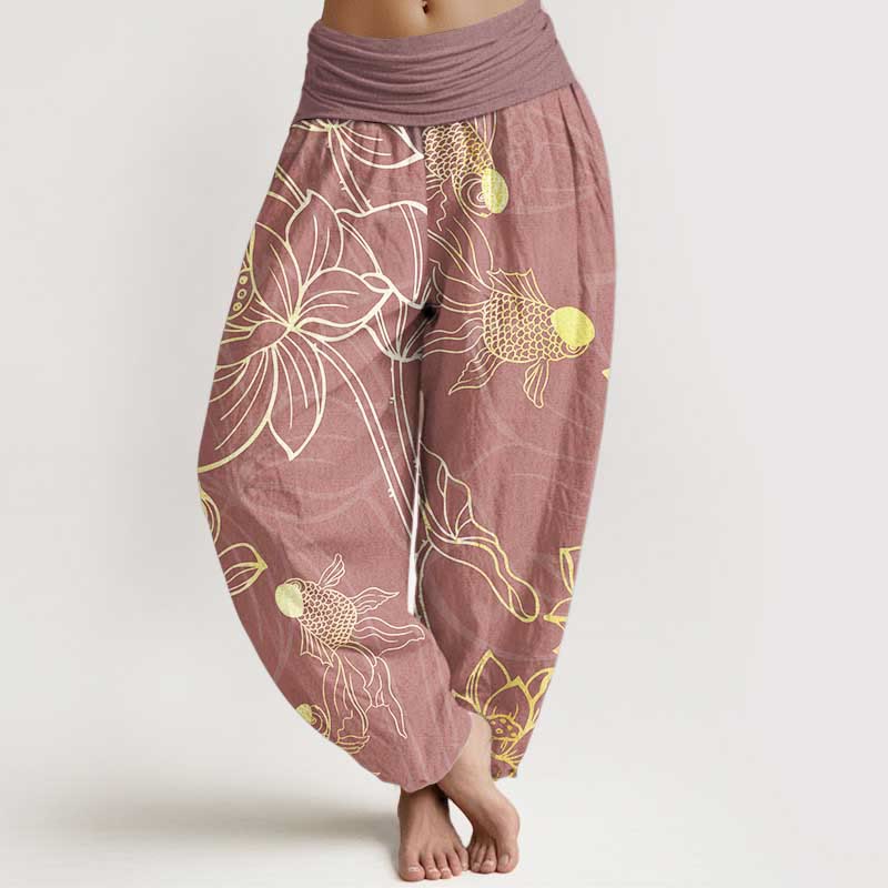 Buddha Stones Pure Cotton Lotus Leaf Koi Fish Women's Elastic Waist Harem Pants - PaleVioletRed - US22,UK/AU26,EU54 (6XL) - image 6