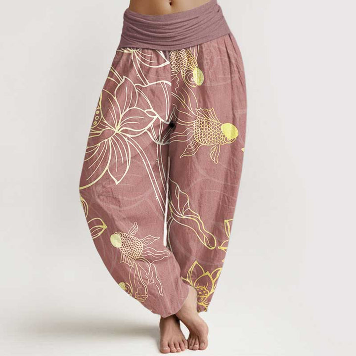 Buddha Stones Pure Cotton Lotus Leaf Koi Fish Women's Elastic Waist Harem Pants - PaleVioletRed - US22,UK/AU26,EU54 (6XL) - image 6