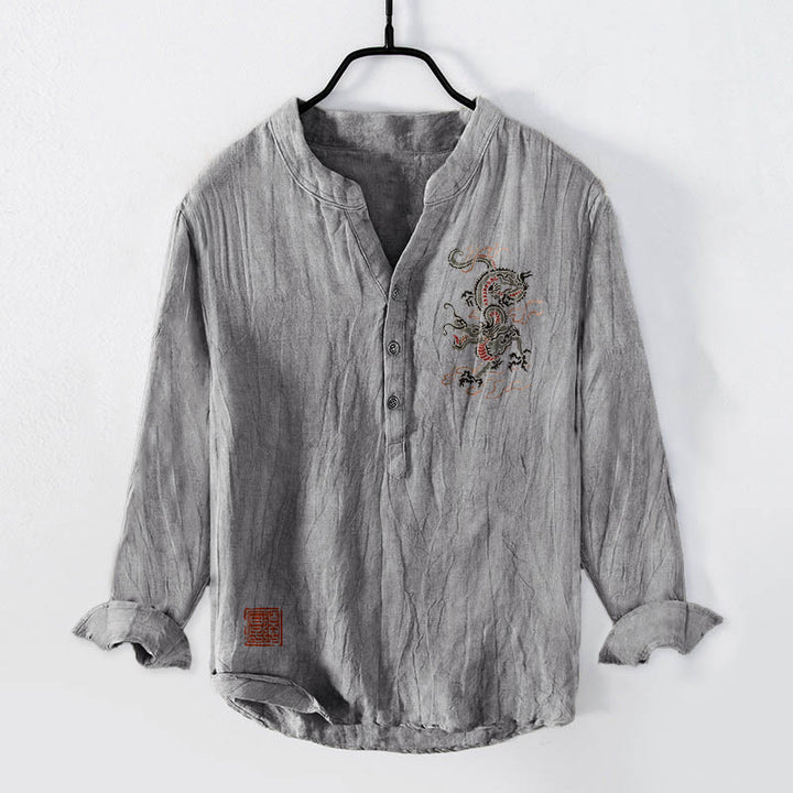 Buddha Stones Dragon Chinese Seal Pattern Half Buttons Men's Cotton Linen Long Sleeve Shirt - Gray - US/UK/AU50,EU60 (5XL) - image 3