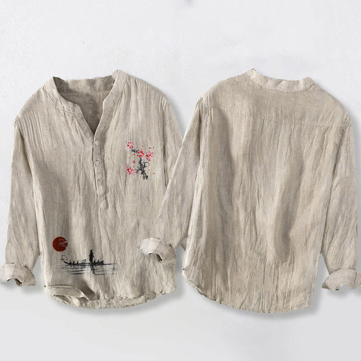 Buddha Stones Plum Blossom Sun Fisherman Pattern Half Buttons Men's Cotton Linen Long Sleeve Shirt - image 2