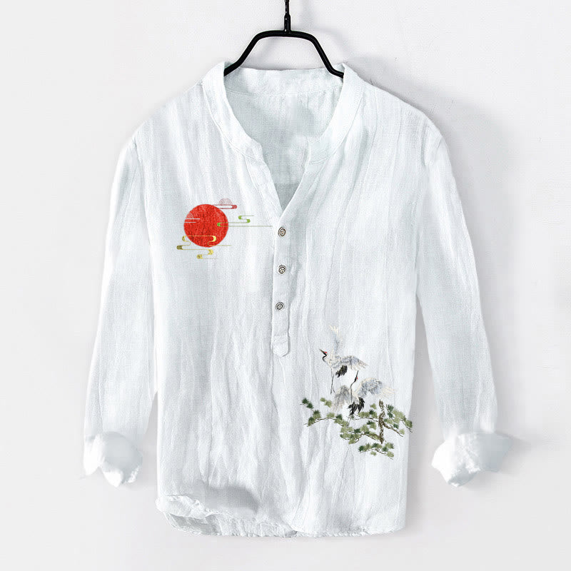 Buddha Stones Sun Crane Pine Tree Branch Pattern Half Buttons Men's Cotton Linen Long Sleeve Shirt - White - US/UK/AU50,EU60 (5XL) - image 3