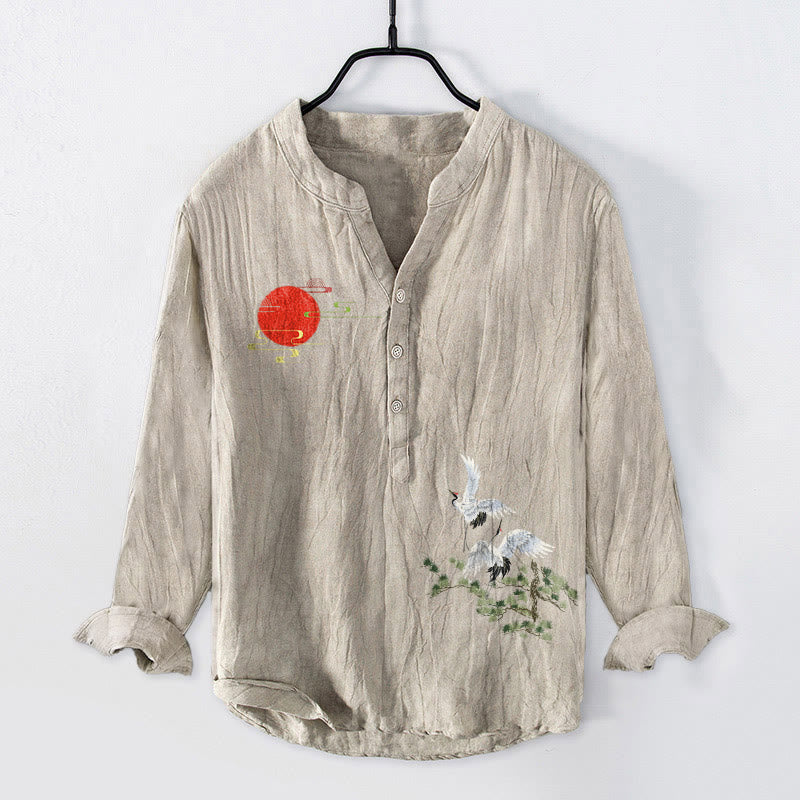 Buddha Stones Sun Crane Pine Tree Branch Pattern Half Buttons Men's Cotton Linen Long Sleeve Shirt - Linen - US/UK/AU50,EU60 (5XL) - image 6