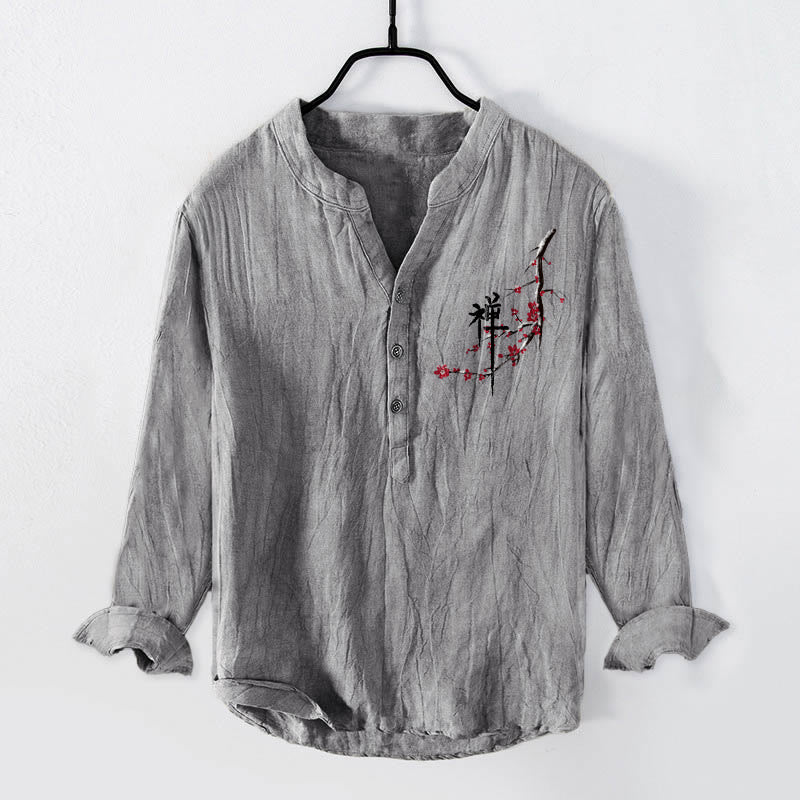 Buddha Stones Red Peach Blossoms Zen Pattern Half Buttons Men's Cotton Linen Long Sleeve Shirt - Gray - US/UK/AU50,EU60 (5XL) - image 3