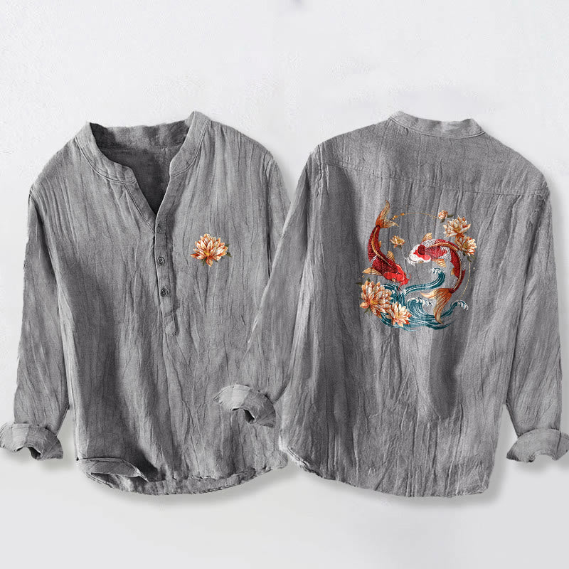 Buddha Stones Koi Fish Lotus Waves Pattern Half Buttons Men's Cotton Linen Long Sleeve Shirt - Gray - US/UK/AU50,EU60 (5XL) - image 6